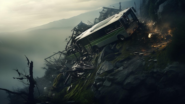 Crashed passenger bus fell into an abyss from a cliff