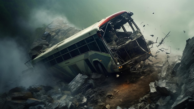 Crashed passenger bus fell into an abyss from a cliff