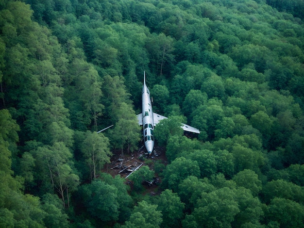 A crashed plane fell between trees in a forest