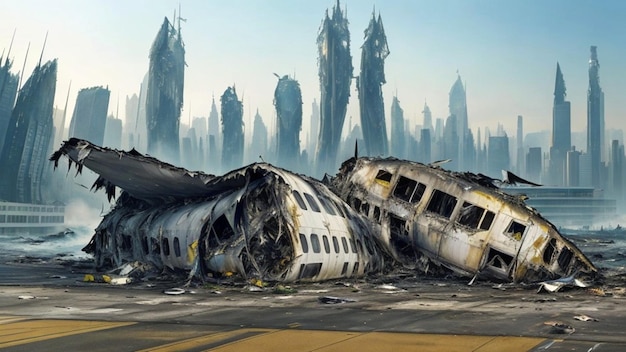 Crashed plane in a futuristic city