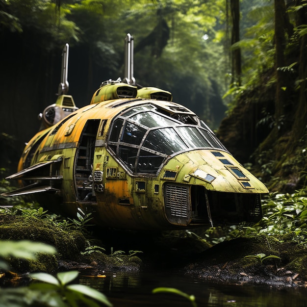 Crashed Spaceship in Lush Tropical Rainforest