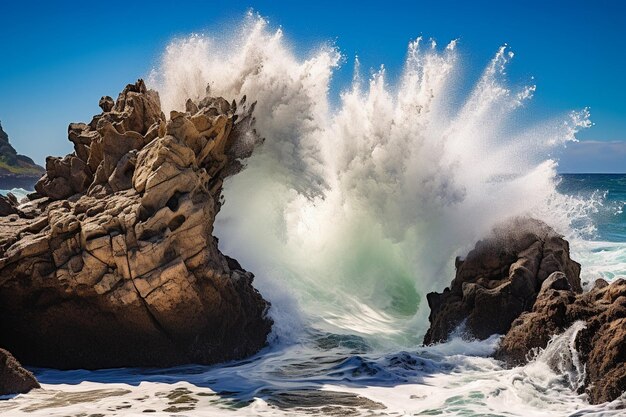 Photo crashing waves framed by rocks