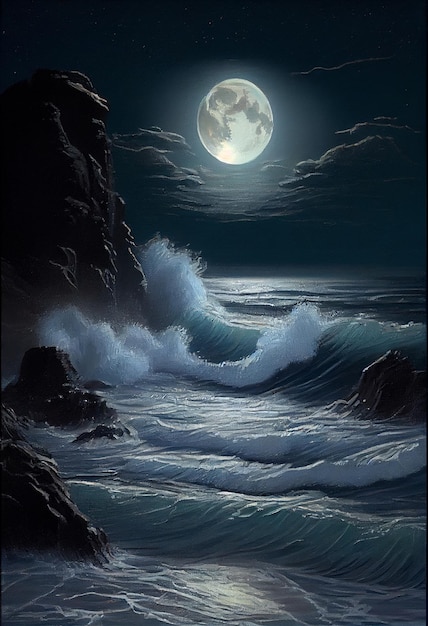 Crashing waves in the moonlight AI generated