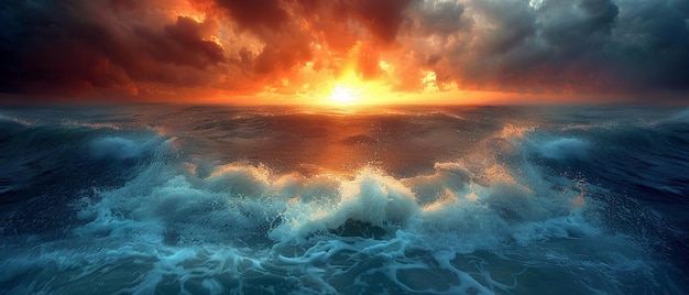 Crashing waves on a rocky coastline under a stormy sky