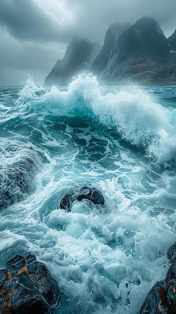 Photo crashing waves on a rocky coastline under a stormy sky