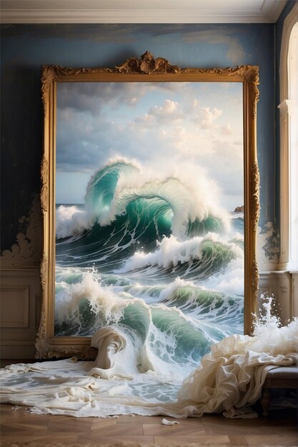 Crashing waves spilling over the frame of a painting into a room