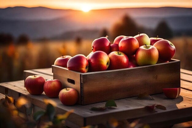 A crate of apples in front of a sunset