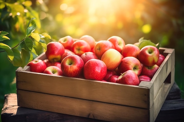 A crate of apples in a garden