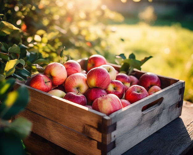 A crate of apples sits on a table in a garden.