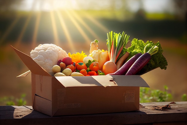 Ящик свежих овощей стоит на прилавке возле фермы, созданной искусственным интеллектом.