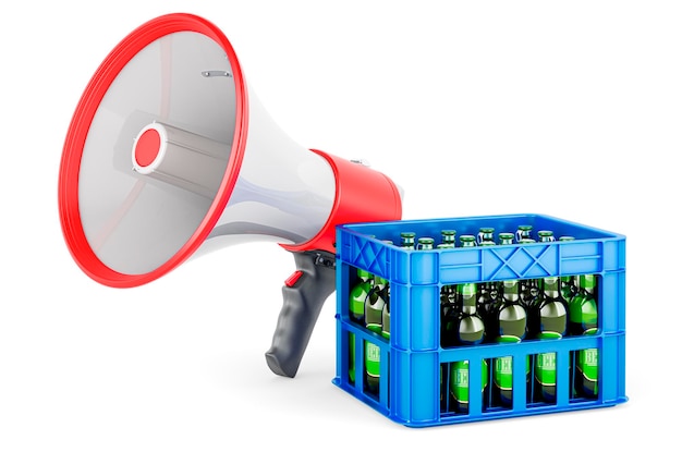 Photo crate full beer bottles with megaphone 3d rendering