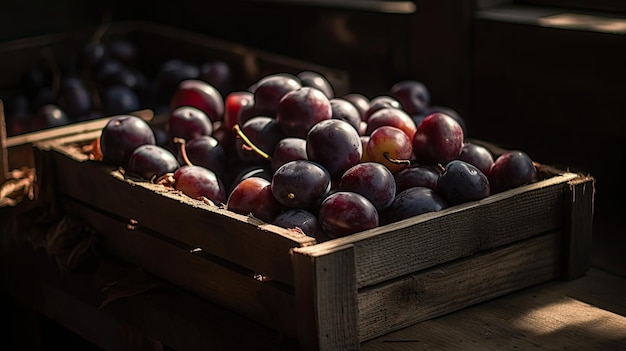 A crate of grapes is on a table.