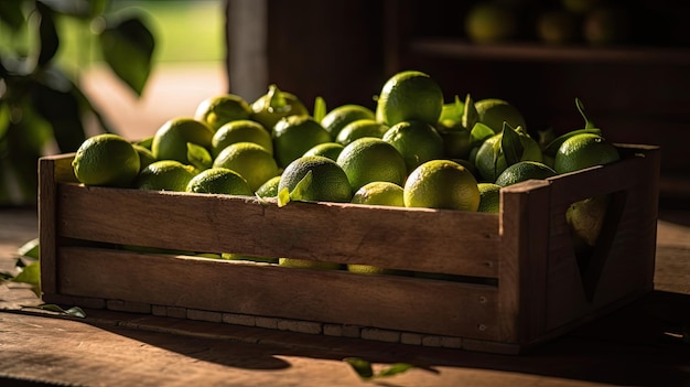 A crate of oranges sits in a wooden crate.