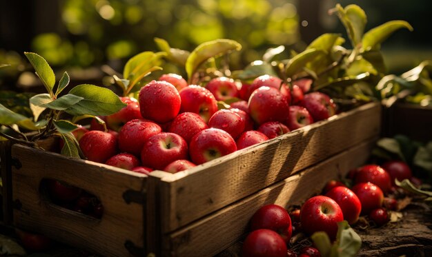 Ящик, наполненный сочными красными яблоками, деревянный ящик, заполненный большим количеством красных яблок.