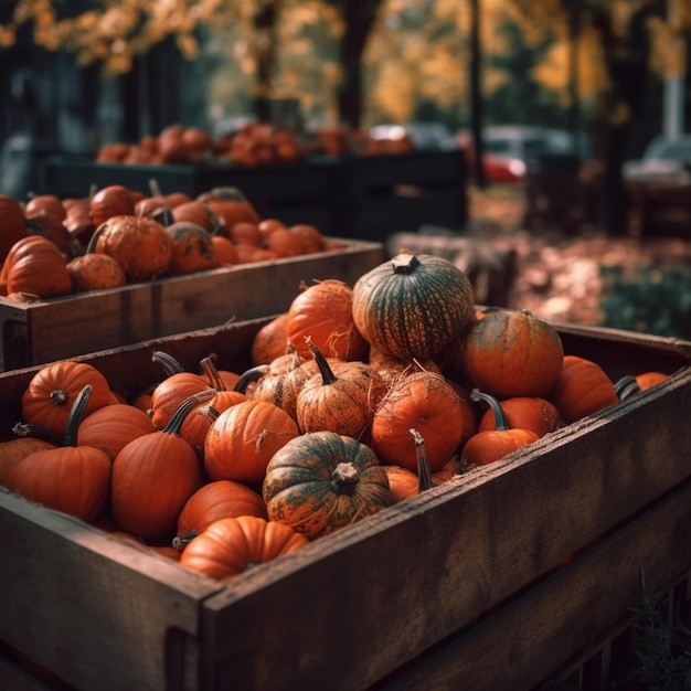 A crate of pumpkins is filled with pumpkins.