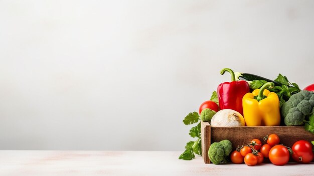 crate with different fresh vegetables on light background