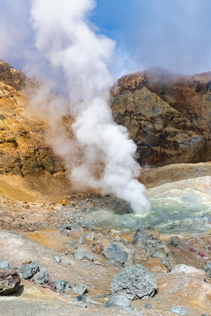 Crater active volcano summer geothermal volcanic landscape Hot springs and fumaroles lava field