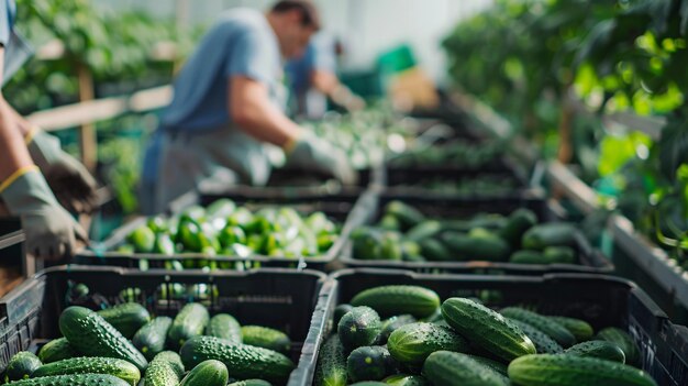 Crates full of fresh cucumbers in the greenhouse next to the workers