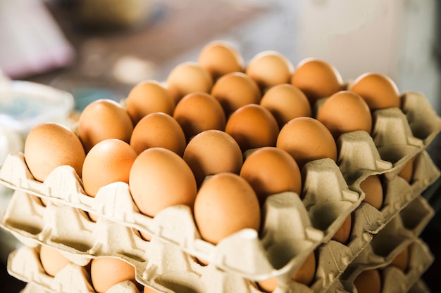 Crates of organic eggs in the market