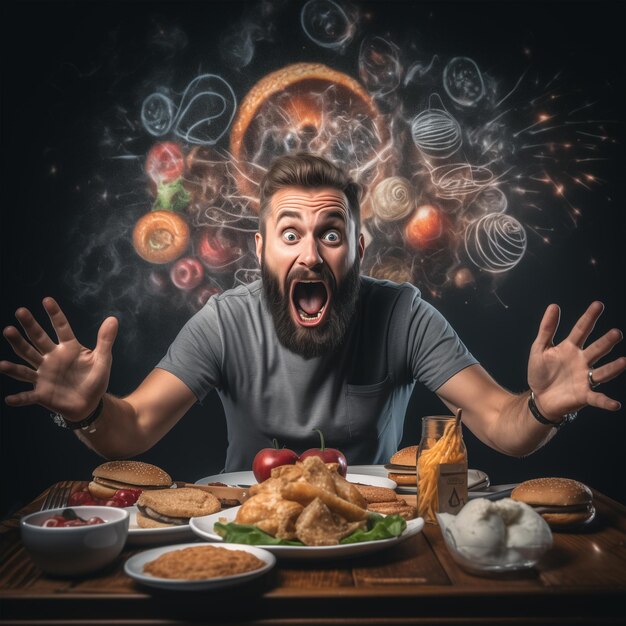 Foto l'avidità colpisce il cibo e l'uomo