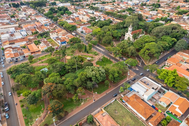 Cravinhos Sao Paulo Brazil Circa May 2022 Cravinhos city center countryside of Sao Paulo state drone aerial image