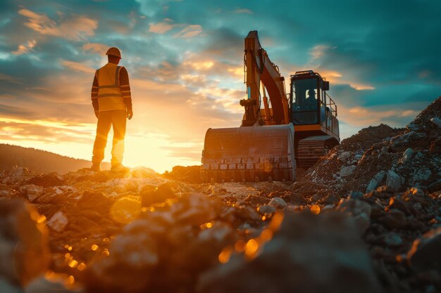 Photo crawler excavator crawler excavator during earthwork on construction site at sunset