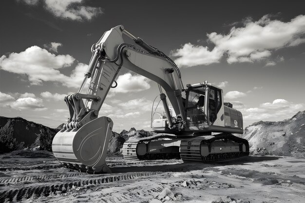 Photo crawler excavator at earthmoving works in black and white