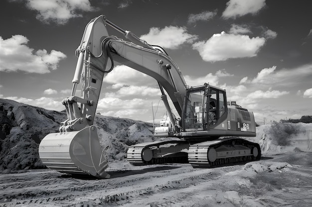 Photo crawler excavator at earthmoving works in black and white