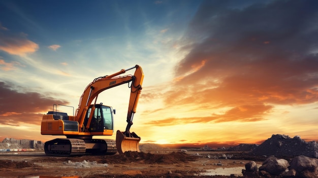 Crawler excavator during earthwork on construction site at sunset heavy earth mover on the construction site