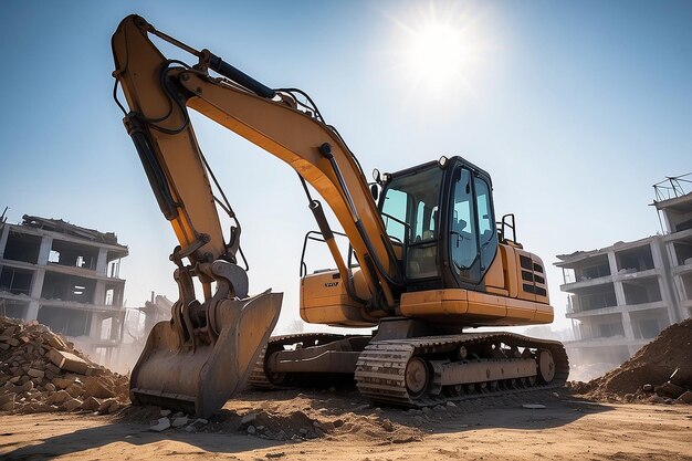 Photo crawler excavator front view digging on demolition site in backlight