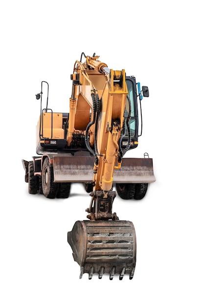 Crawler excavator isolated on white background Quarry excavator with bucket lowered closeup Modern building equipment for earthworks element for design