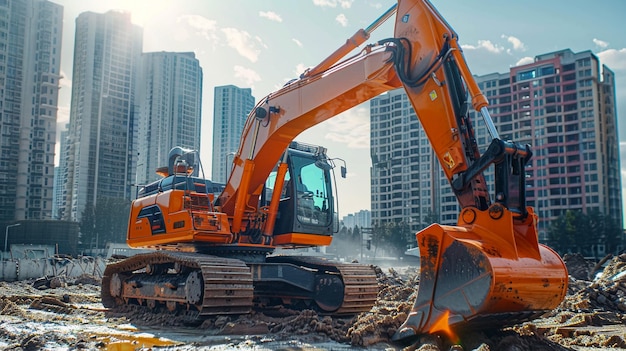 Crawler excavator with hydraulic breaker hammer for the destruction of concrete and hard rock at the construction site or quarry Jackhammer using without blasting method Hard rock demolition