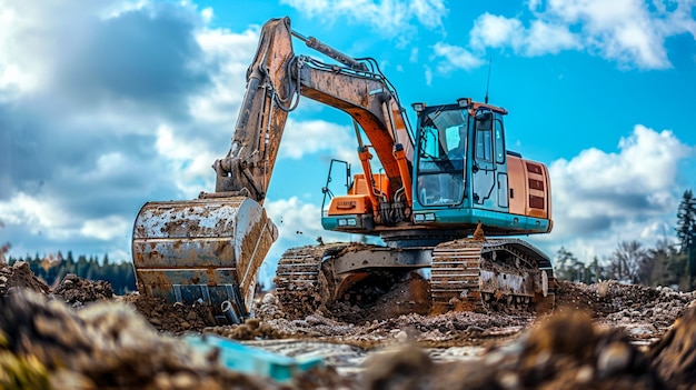 Crawler excavator with hydraulic breaker hammer for the destruction of concrete and hard rock at the construction site or quarry Jackhammer using without blasting method Hard rock demolition