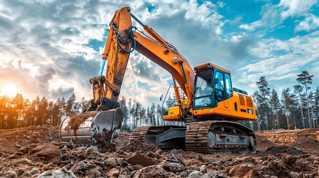 Crawler excavator with hydraulic breaker hammer for the destruction of concrete and hard rock at the construction site or quarry Jackhammer using without blasting method Hard rock demolition