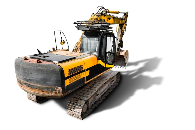 Crawler excavator with a large bucket on a white isolated background Powerful excavator with an elongated bucket closeup top view Element for design Rental of construction equipment