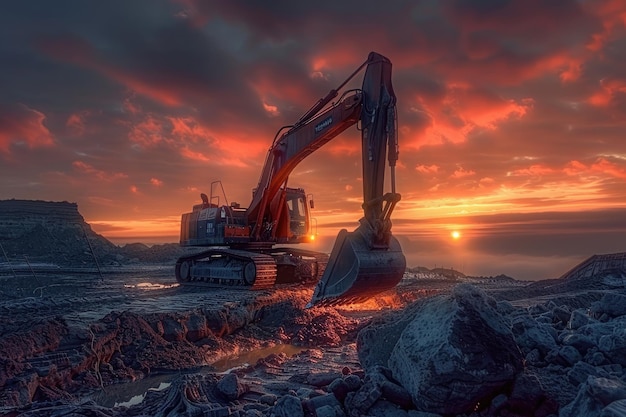 Crawlergraafmachine tijdens grondbewegingswerkzaamheden op bouwplaats bij zonsondergang graafmachine