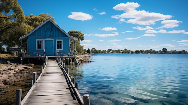 Photo crawley edge boatshed australian boat station with long wooden pier and bright blue river
