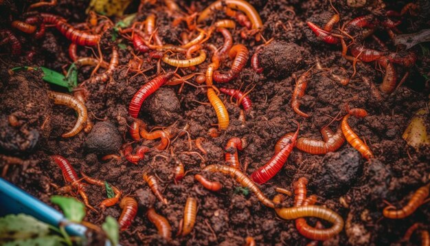 Crawling caterpillar eating leaf in wet forest generated by AI