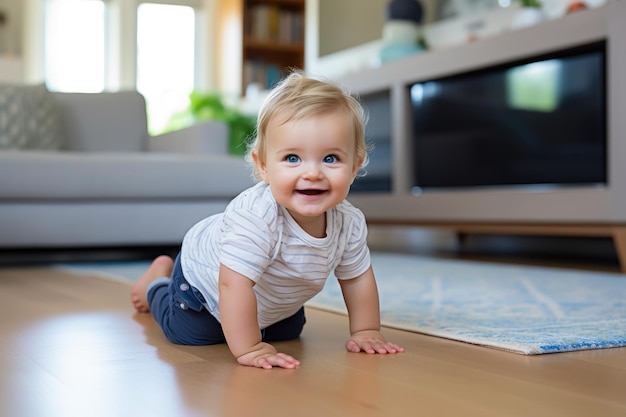 Photo a crawling europeanamerican baby is coming from the right side of the living room smiling happily
