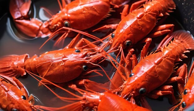 Crayfish are boiled in a pot in water Macro background