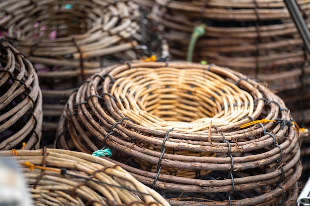 Crayfish pot and lobster pots on the back of a fishing boat