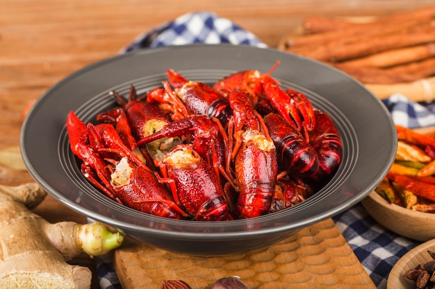 Crayfish. Red boiled crawfishes on table in rustic style,  Lobster closeup. 