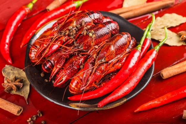 Crayfish. Red boiled crawfishes on table in rustic style,  Lobster closeup. 