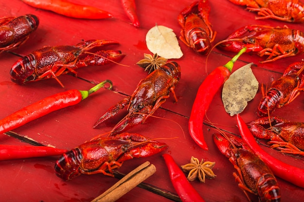 Crayfish. Red boiled crawfishes on table in rustic style,  Lobster closeup. 