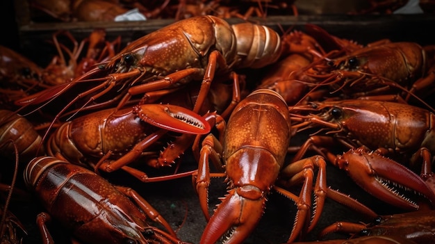 Crayfish at the seafood market on dark background Top view