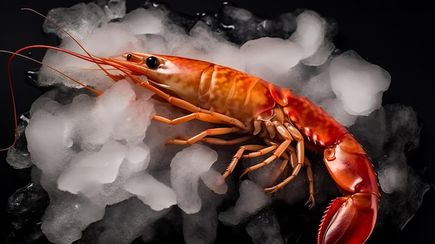 A crayfish sits on ice with a red mussel in the middle