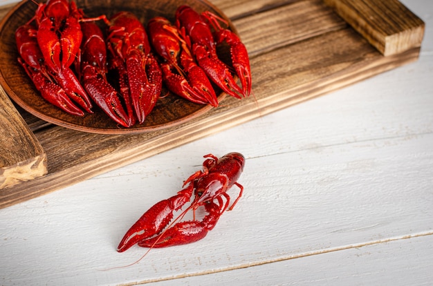 Crayfish on a wooden tray