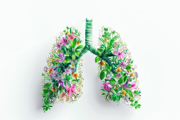 crayon drawing anatomical human lungs made of green leaves and colorful flowers