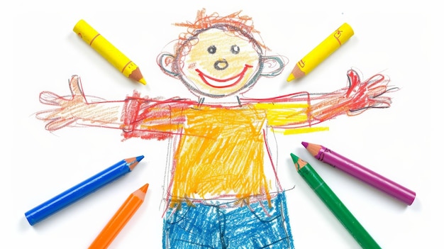 Photo crayon drawing of child using social media on white background generative ai