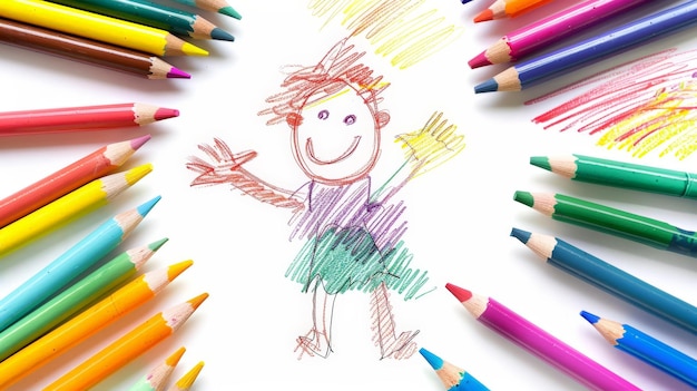 Crayon Drawing of a Child on White Background Generative AI